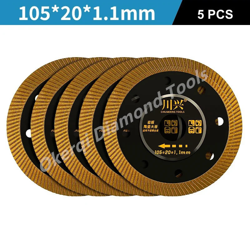 Five gold-colored diamond saw blades with a black mounting disc and yellow accents.