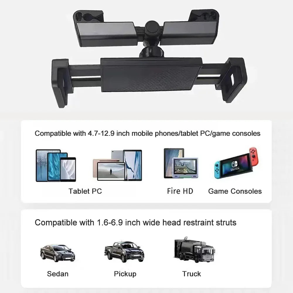 Black adjustable mount designed to hold tablets on a vehicle for rear seat entertainment.