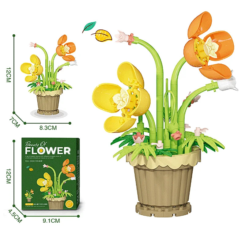 A set of creative flower pot building blocks featuring roses, sunflowers, and carnations in various colors.