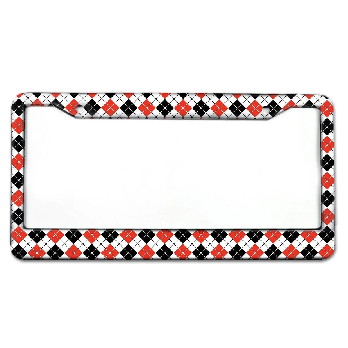 A rectangular aluminum license plate frame with a black and white diamond pattern.