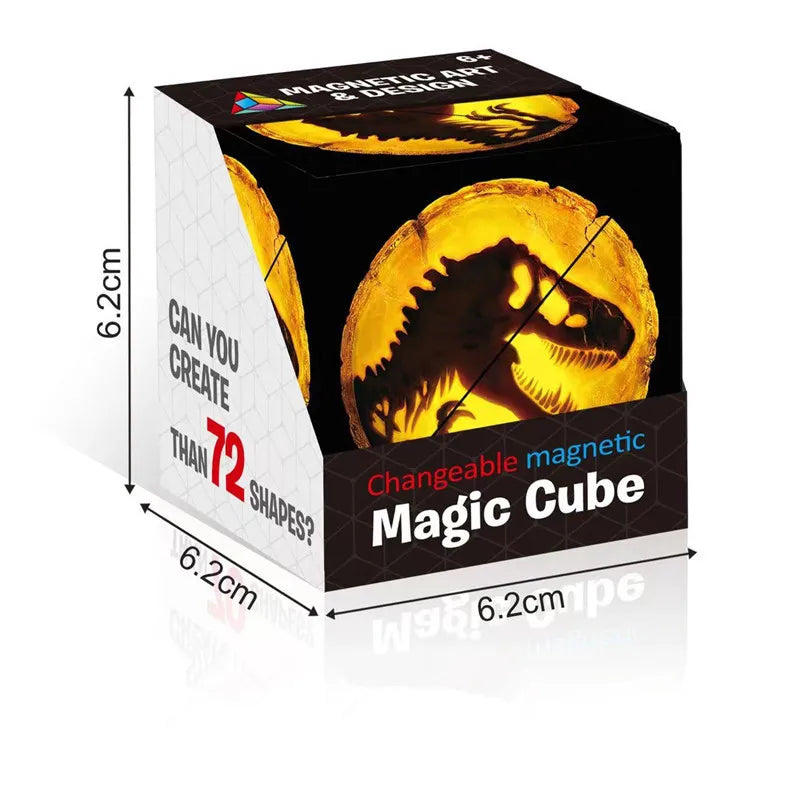 A box of a Magic Cube magnetic geometry puzzle showing a golden dinosaur shape.