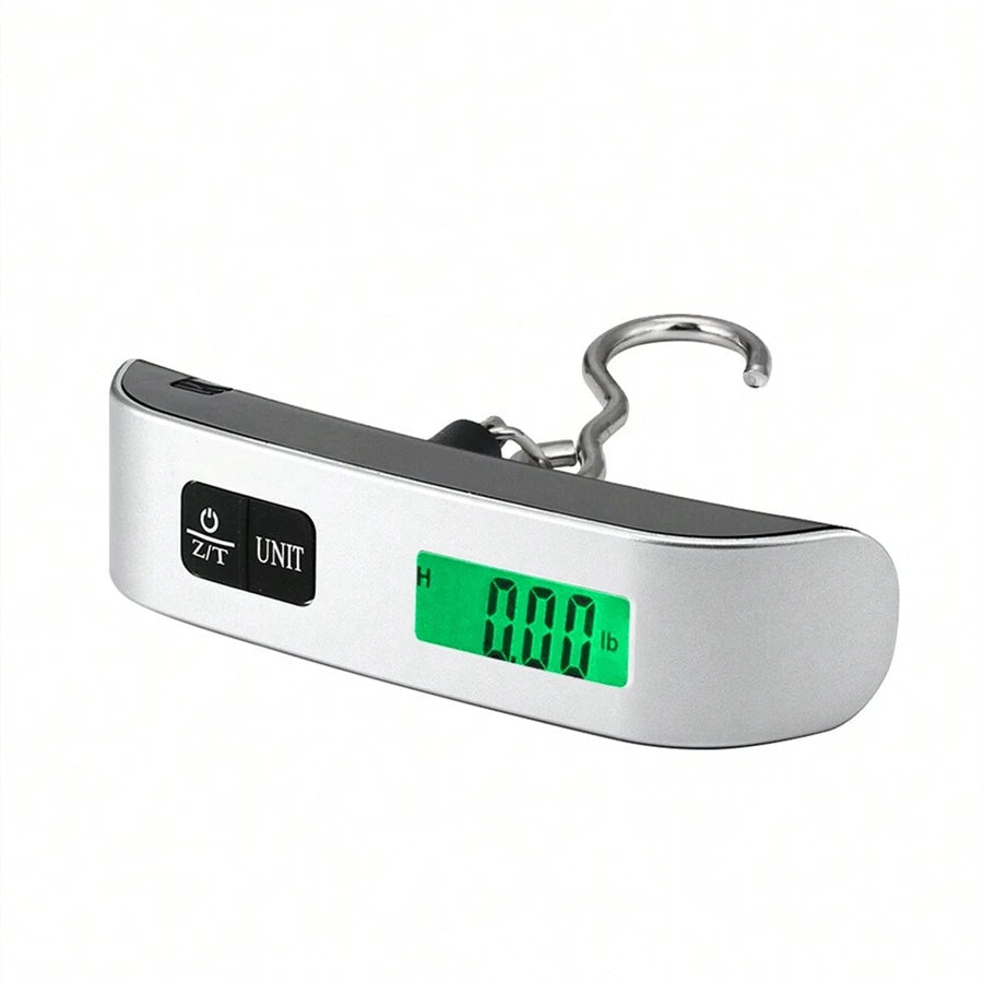 A silver portable digital luggage scale with an LCD display showing 0.00 lb.