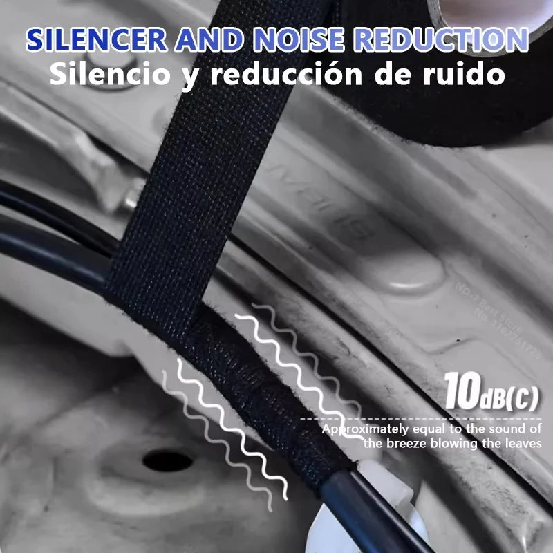 Black silencer and noise reduction tape wrapped around an automotive wire harness.