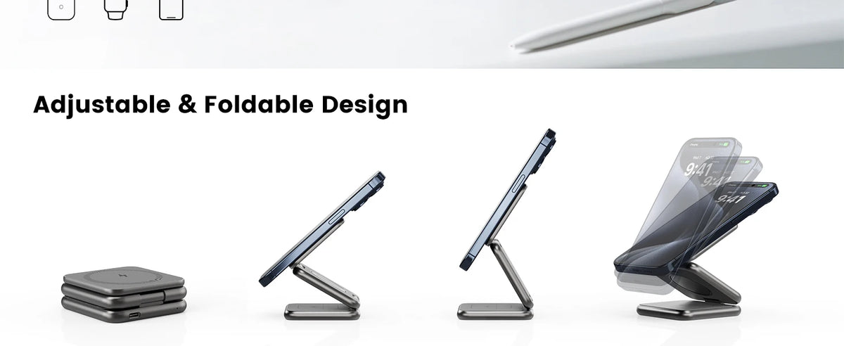 A foldable magnetic wireless charging stand for an iPhone, Apple Watch, and AirPods shown in various angles.