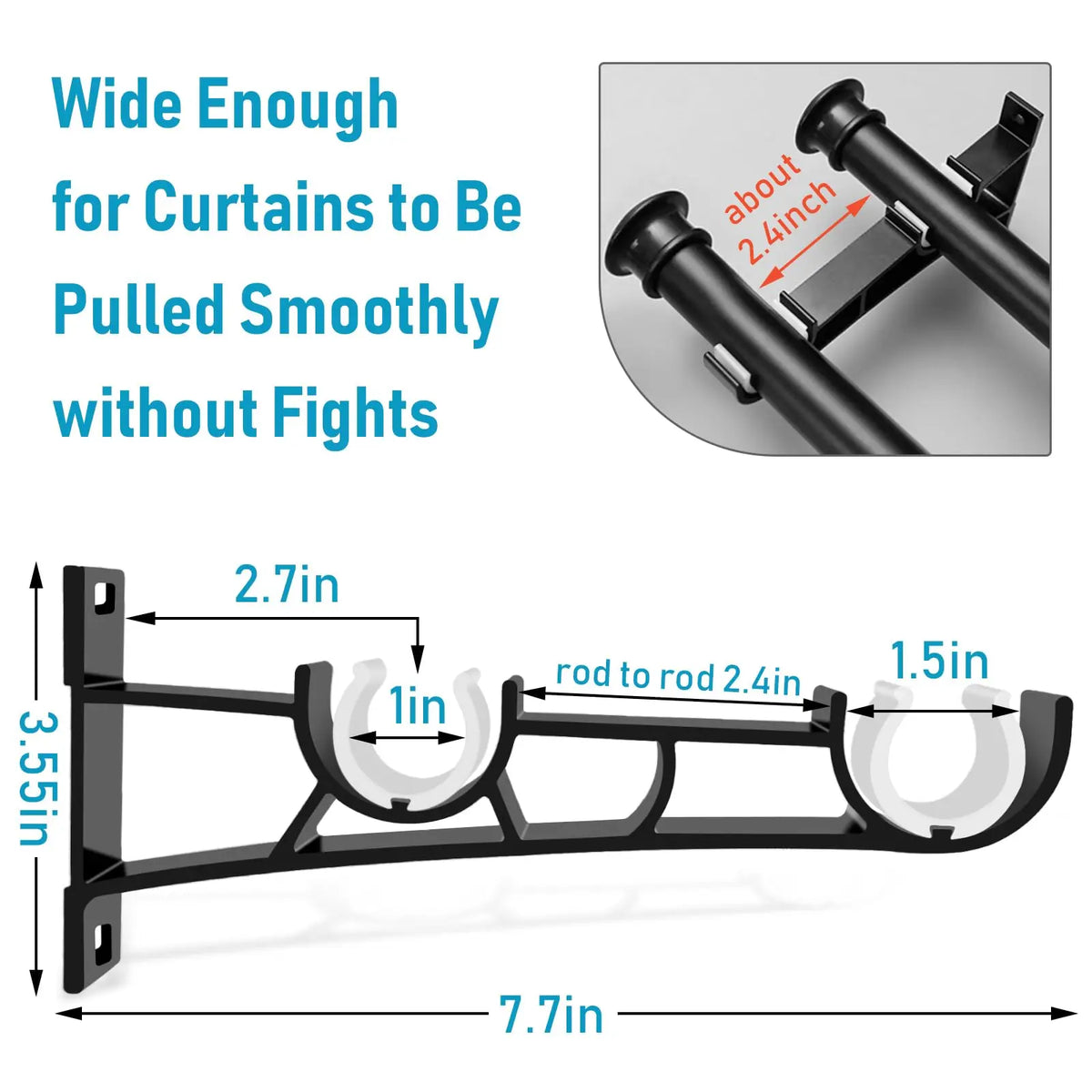 Black heavy duty double curtain rod brackets for wall mounting, designed to allow curtains to be pulled smoothly.