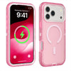 A pink silicone phone case with a magnetic bumper and kickstand shown next to the phone screen displaying the time.