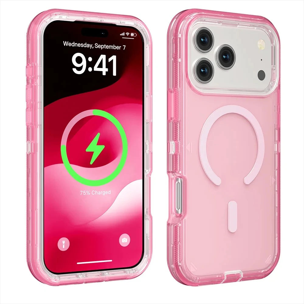 A pink silicone phone case with a magnetic bumper and kickstand shown next to the phone screen displaying the time.