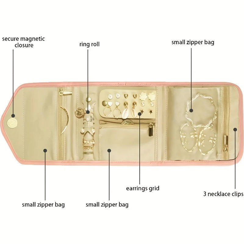 A beige foldable jewelry roll with multiple compartments for storing and organizing accessories like rings, earrings, and nec