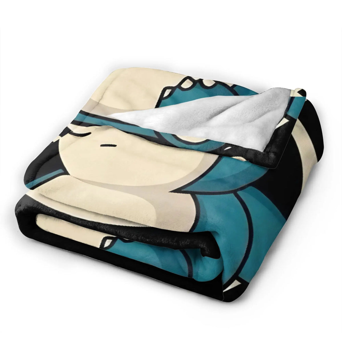 A plush throw blanket featuring a stylized cartoon character design in white, teal, and black.