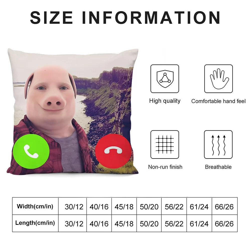 A white novelty throw pillow featuring a cartoon pig face and various size options.