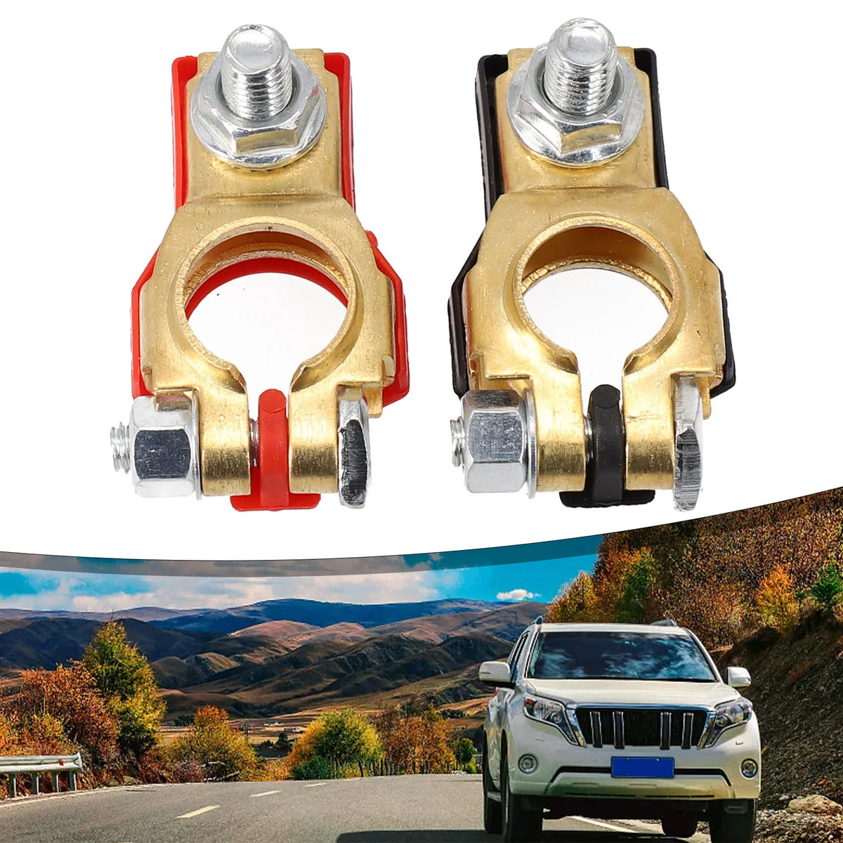 A pair of quick-release copper car battery terminals are shown against a scenic mountain landscape.