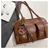 Women's Retro PU Leather Shoulder Bag with Multiple Pockets & Detachable Charm