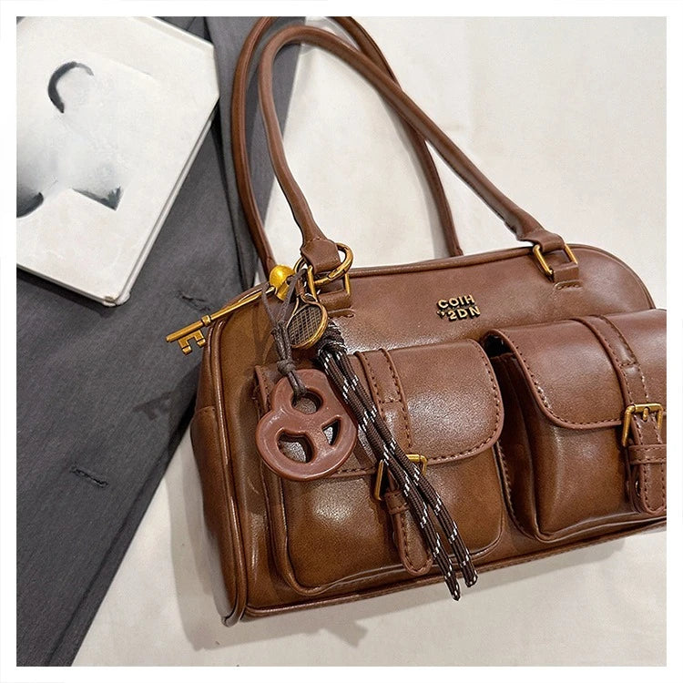 Women's Retro PU Leather Shoulder Bag with Multiple Pockets & Detachable Charm