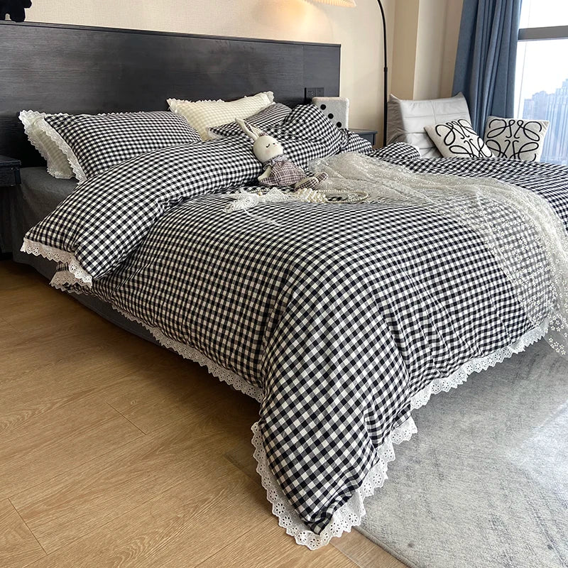 Lace Trim Plaid Duvet Cover Set with Pillowcases