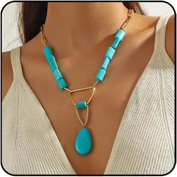 Boho Gold Turquoise Pendant Necklace