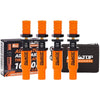 Four orange tire deflator accessories with PSI and BAR gauges packaged in a black case.