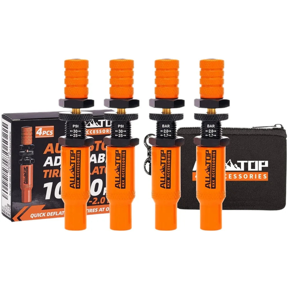 Four orange tire deflator accessories with PSI and BAR gauges packaged in a black case.
