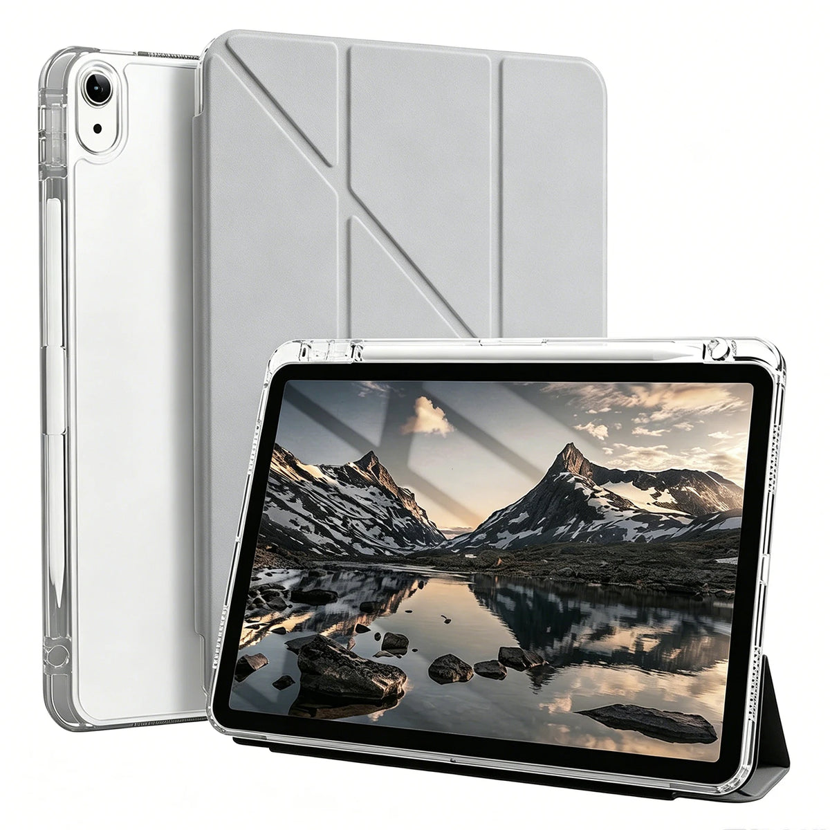 A silver magnetic flip smart cover for an iPad is shown alongside the device.