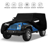 Black all-weather outdoor car cover protecting a blue Jeep Wrangler, featuring various waterproof and sunproof icons.