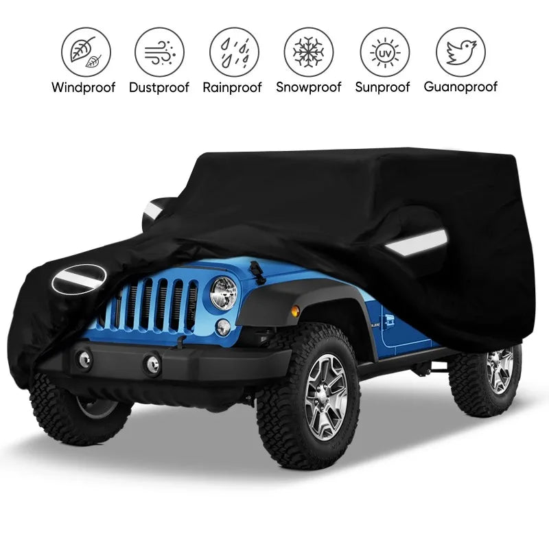 Black all-weather outdoor car cover protecting a blue Jeep Wrangler, featuring various waterproof and sunproof icons.