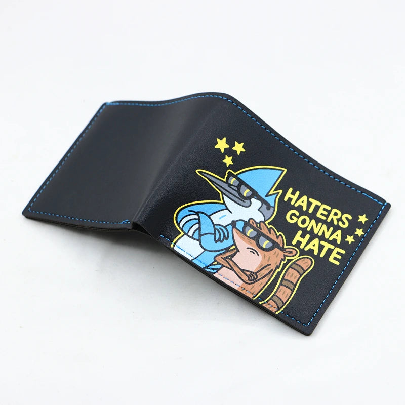 Portefeuille bi-pli en cuir PU noir avec un dessin de personnage à casque bleu et lunettes de soleil.