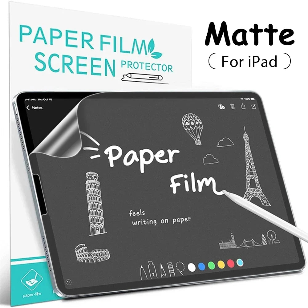 A matte paper film screen protector for an iPad showing a writing effect on the screen.