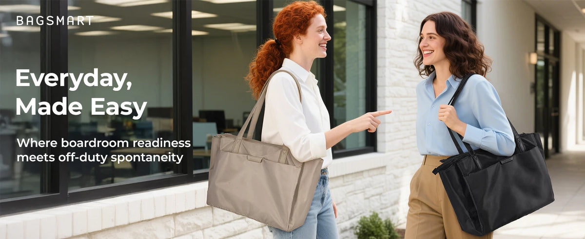 Two women are shown using a beige and black laptop tote bag in a modern office setting.