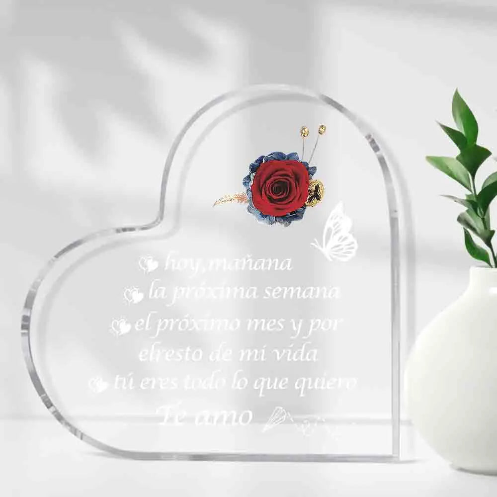 Clear acrylic heart plaque engraved with a red rose and Spanish love sentiment