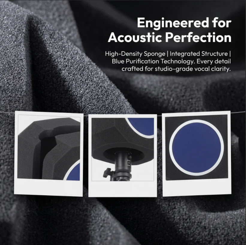 Close-up of black acoustic foam isolation shields with blue purification technology details.