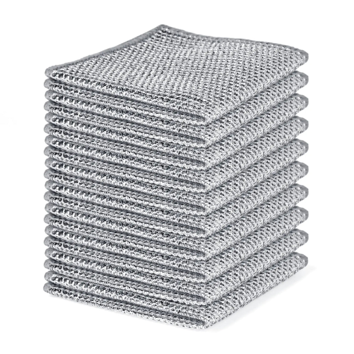 A stack of gray double-layer microfiber cleaning cloths for kitchen use.