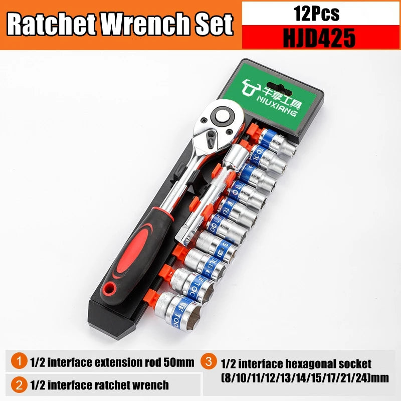 A set of 12 pieces of ratchet wrenches and socket extensions in black and silver for tools.