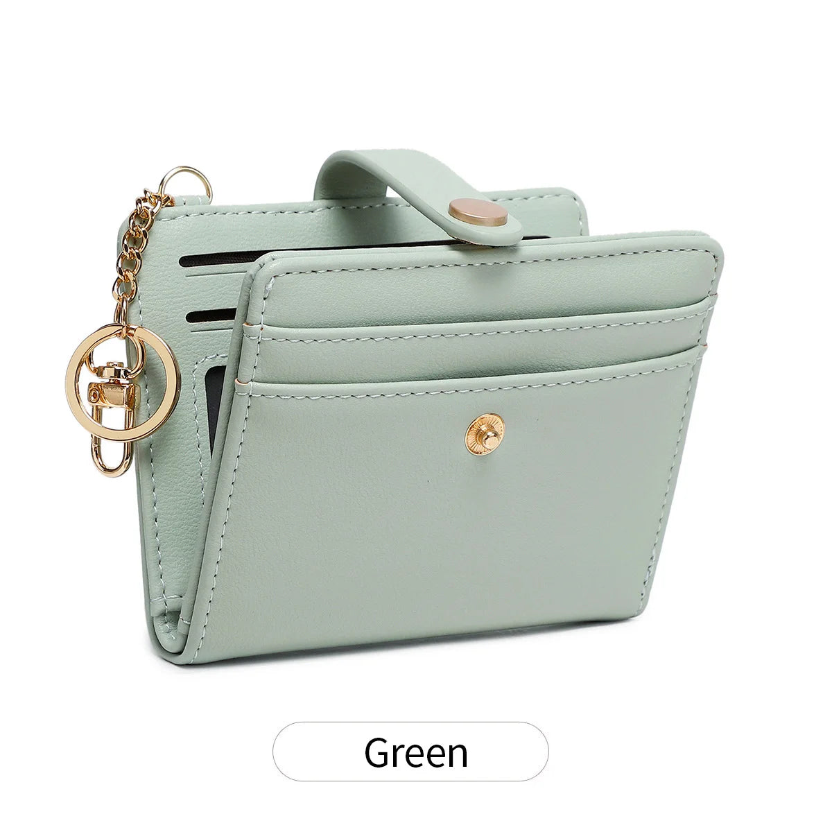 A light mint green bi-fold credit card wallet with a gold chain and leather accents.