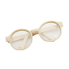 A pair of light beige transparent plastic sunglasses designed for dolls.