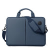 A dark blue men's business commuter laptop briefcase with a padded shoulder strap.