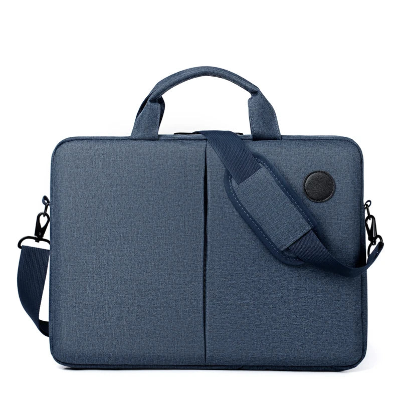 A dark blue men's business commuter laptop briefcase with a padded shoulder strap.