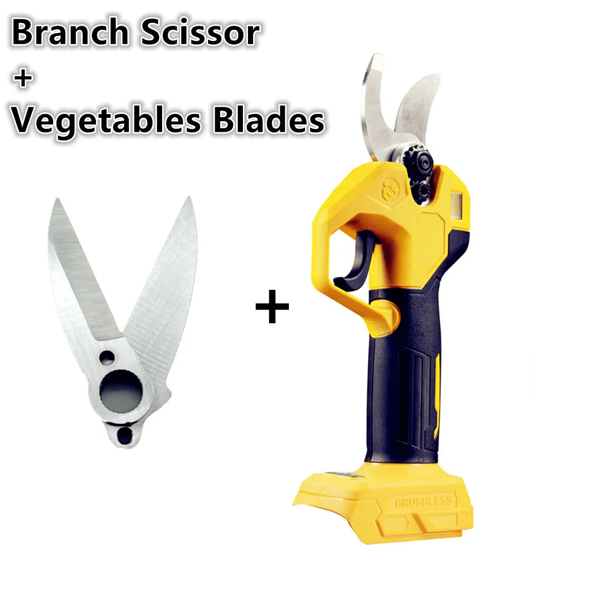 A yellow cordless branch scissor tool with attached vegetables blades.
