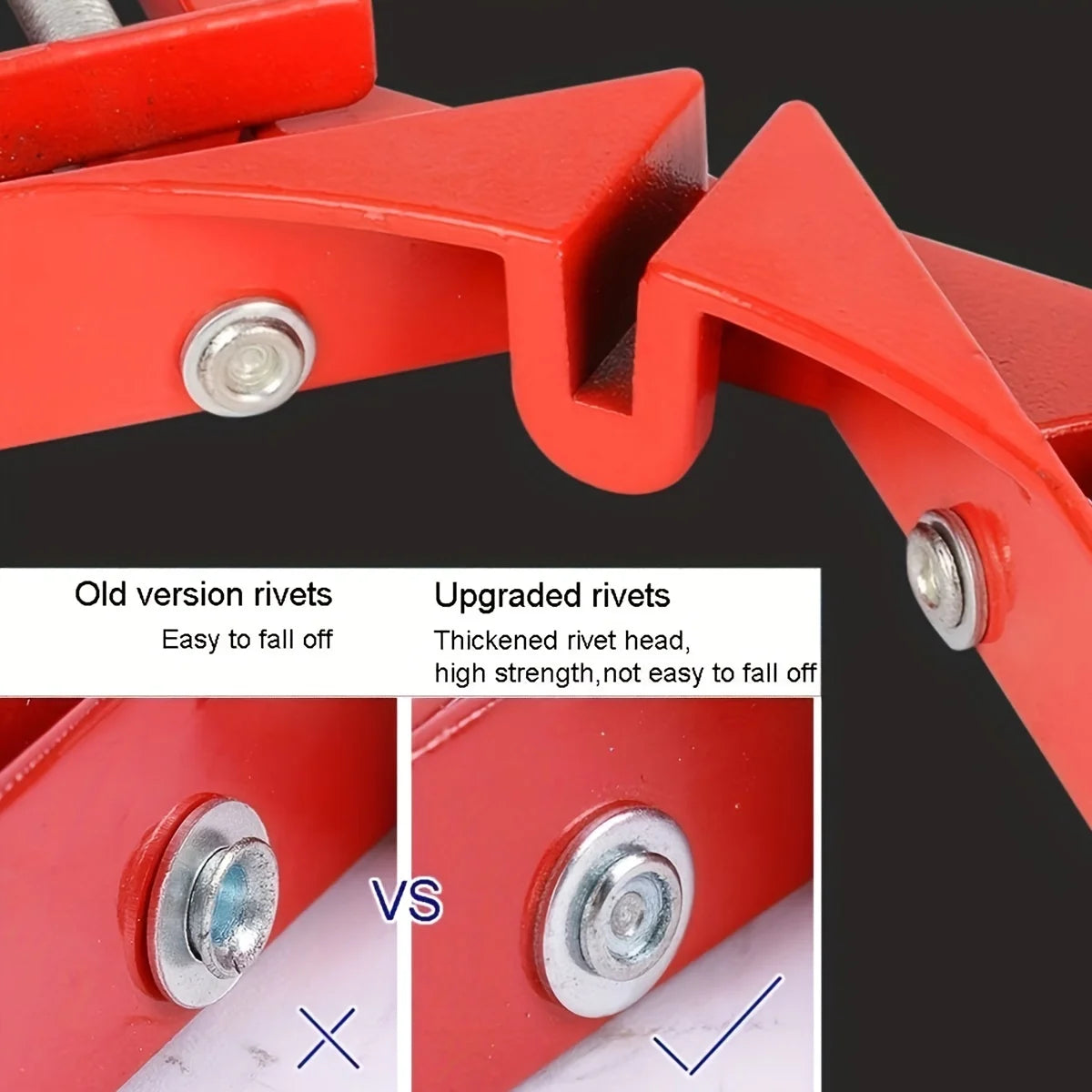 Comparison of old and upgraded rivets on a red 90 degree right angle clamp for DIY projects