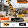 A yellow 1:64 scale alloy crane remote control vehicle with a lifting arm and accessories.