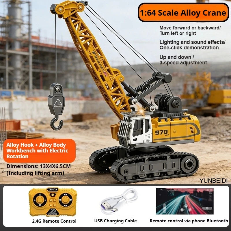 A yellow 1:64 scale alloy crane remote control vehicle with a lifting arm and accessories.