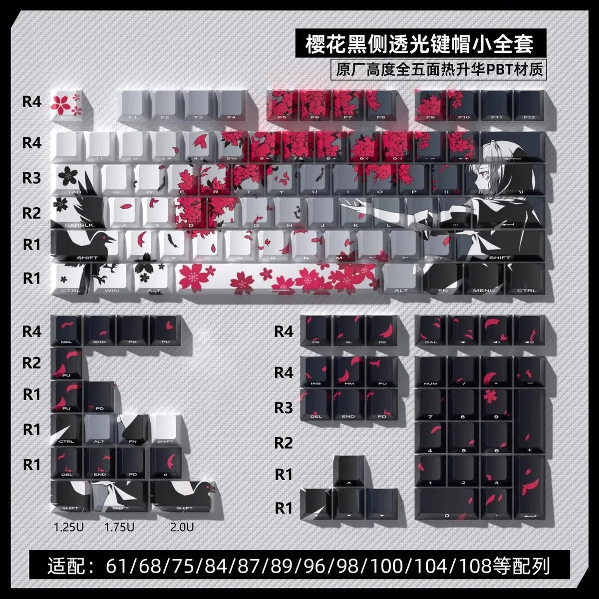 Un set de keycaps Raven Sakura noir et rouge pour clavier mécanique, avec différentes tailles et layouts.