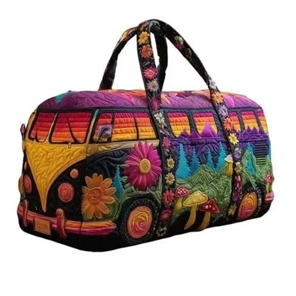 A colorful quilted travel duffle bag featuring a vibrant landscape design with 3D stitching.