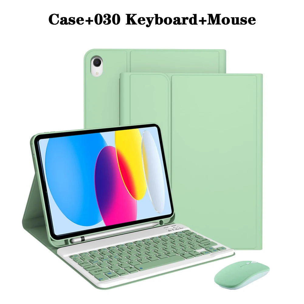 A green detachable wireless keyboard case and mouse shown next to an iPad.