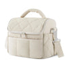 A beige insulated leakproof nylon lunch bag with a quilted pattern and a carrying handle.