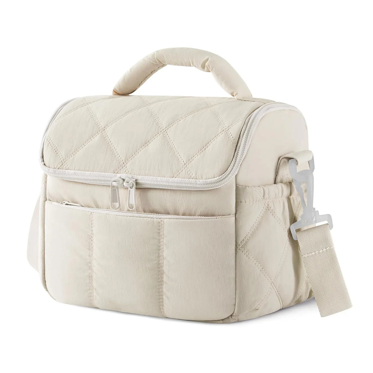A beige insulated leakproof nylon lunch bag with a quilted pattern and a carrying handle.