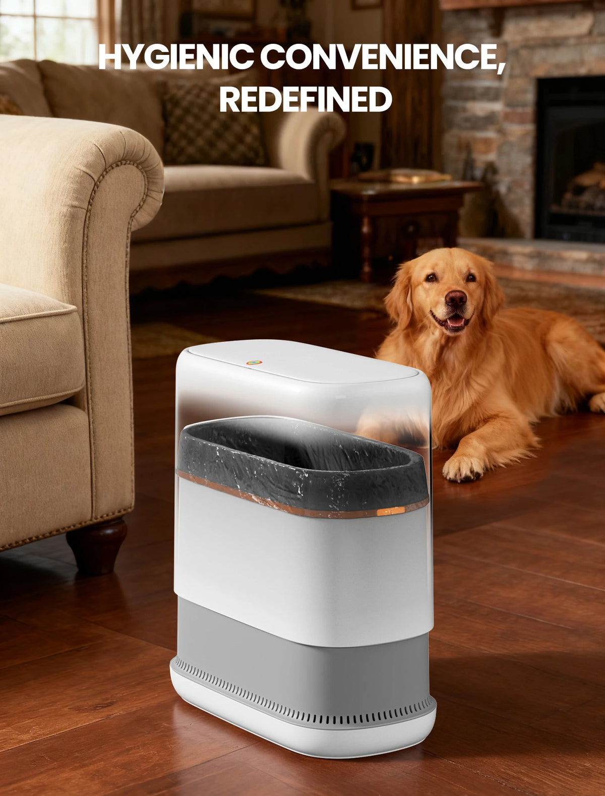 A white touchless trash can with a dark lid sits on a wooden floor next to a golden retriever.