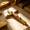A gold crucifix pen set featuring a metal finish and an INRI Jesus cross writing instrument.