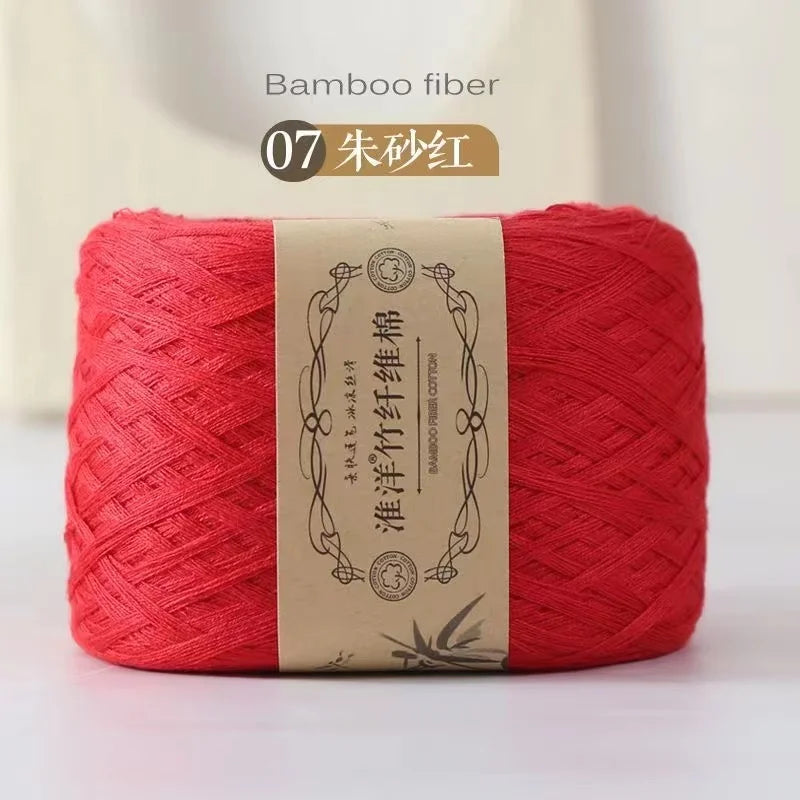 A ball of bright red bamboo fiber yarn labeled as item 07, ready for knitting or crochet.