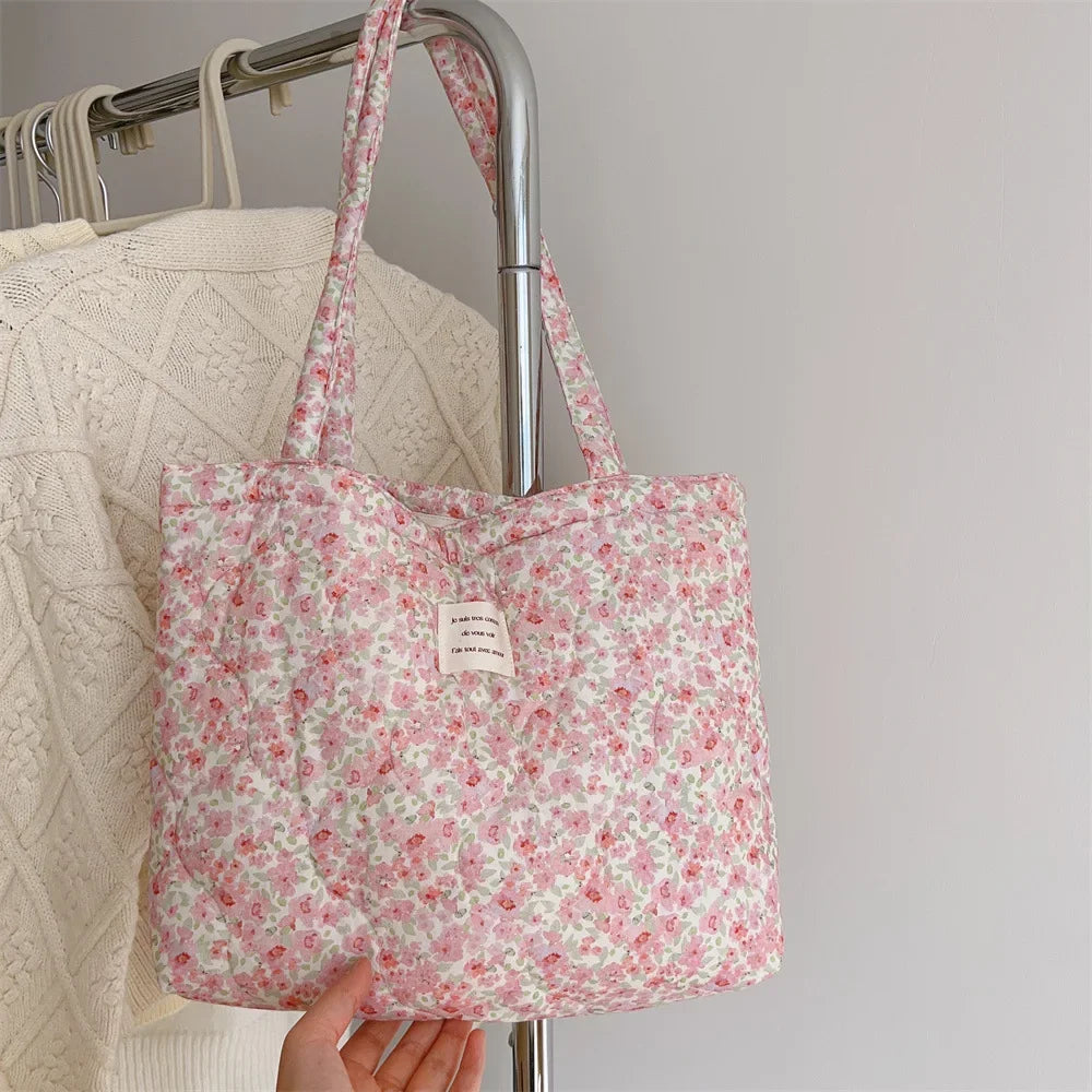 Quilted Floral Cotton Tote Bag with Padded Handle