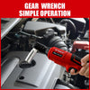 A hand is using an M-Walk cordless right angle ratchet wrench with a brushless motor to operate a gear in an engine context.