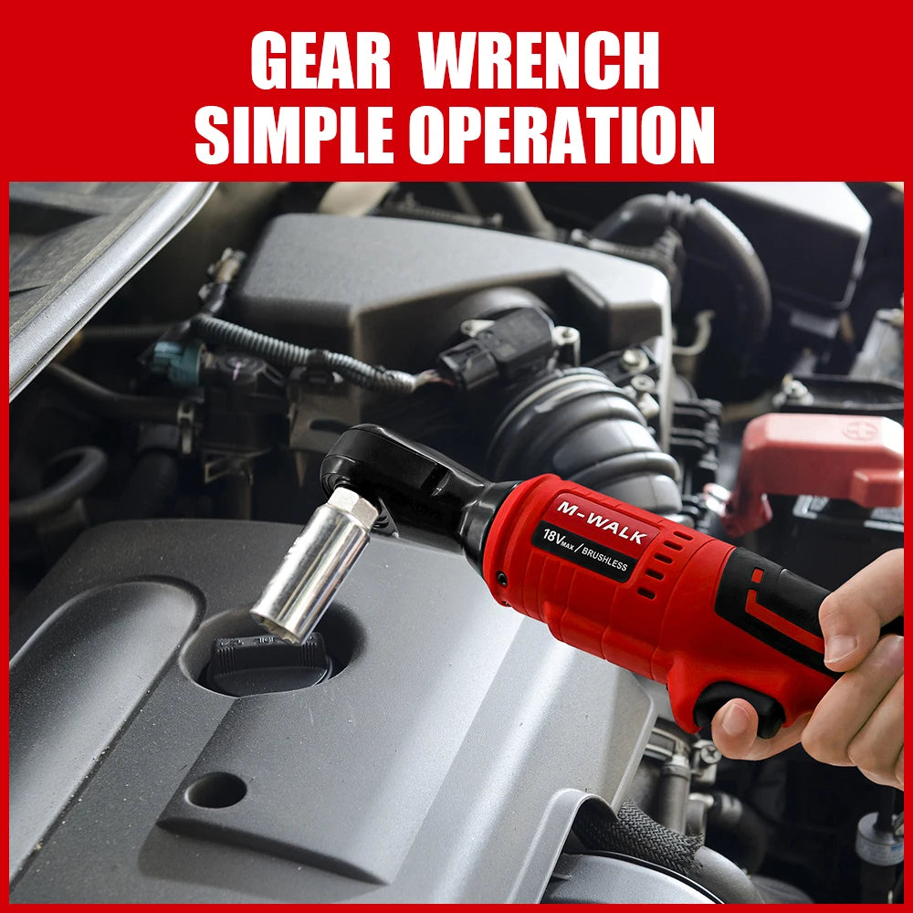 A hand is using an M-Walk cordless right angle ratchet wrench with a brushless motor to operate a gear in an engine context.